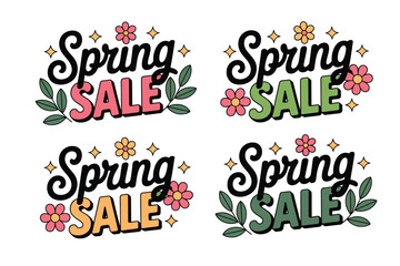 Fototapeta premium Spring sale colorful typography with flowers and leaves illustration