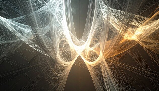 An intricate network of ultra-thin, translucent threads suspended in a dark space, intersecting and stretching in various directions.