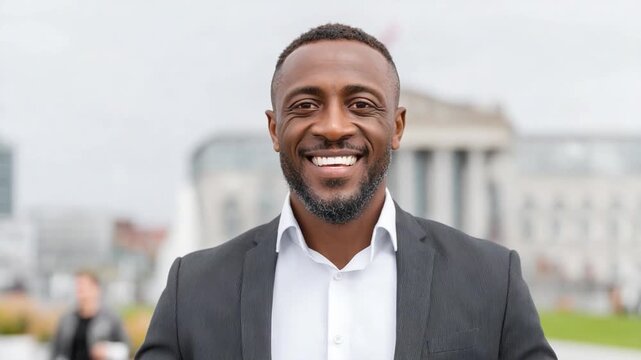 Confident Professional: A charismatic man, radiating confidence, smiles broadly in a well-tailored suit against a backdrop of urban architecture, capturing his assured presence.