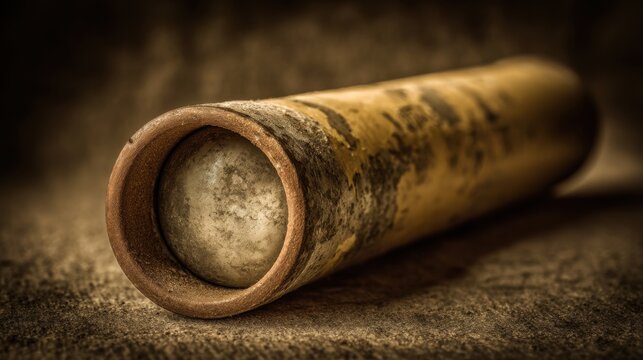 Scratched and worn deactivated flare launcher casing with a round object inside, showcasing significant texture and age
