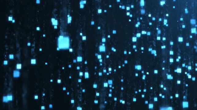 Glowing blue pixel light cascade over dark background with glowing blue pixel lights overhead and glowing blue digital cubes falling like rain abstract futuristic digital bokeh square ambient
