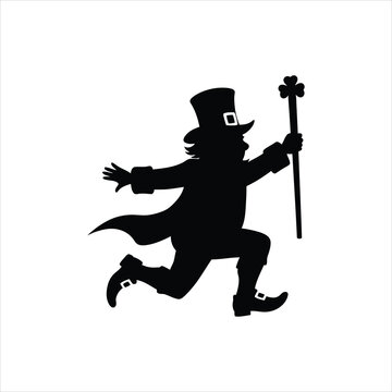 Dynamic silhouette of a leprechaun in motion, holding a shamrock staff and wearing a tall hat, ready for St. Patrick's Day fun.