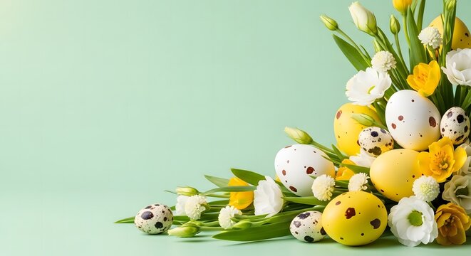 Easter sunday celebration with colorful eggs and flowers