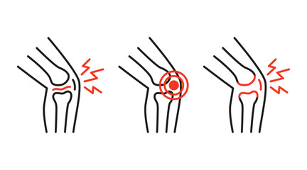 Painful knee joint line icon set. Medical icon for healthcare, injury, or arthritis concept. Bone pain prevention clinic. Vector illustration