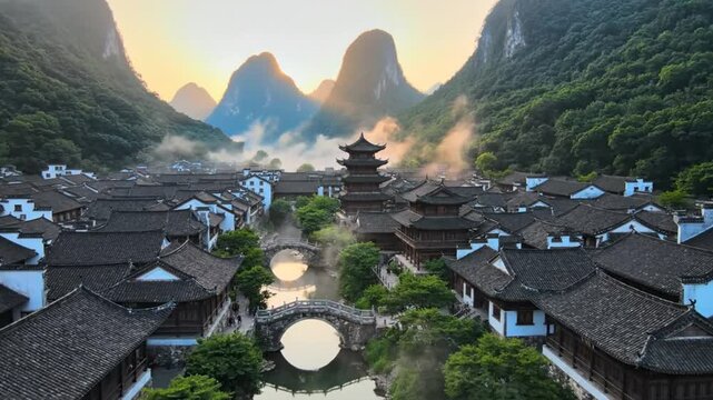 Aerial view of a traditional Chinese village nestled in a valley with misty mountains at sunrise