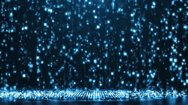 Glowing blue digital rain of square pixels cascading over reflective surface creating glowing blue pixel cluster and pixel stream against dark background evoking futuristic data stream ambiance with