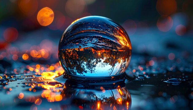 A highly detailed macro view of a large, clear water droplet resting on a dark, wet surface.