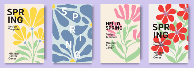 Set of modern spring greeting cards with floral abstract designs and pastel color backgrounds © Oksana Kalashnykova