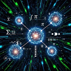 Obraz premium Quantum computing concept with glowing data spheres connected in a futuristic digital network on a circuit board background, representing AI and big data science.