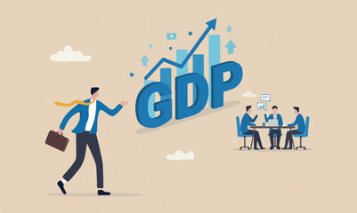 Fototapeta premium Percentage meeting teams together value report concept, businessman stand with GDP word and growing graph and chart