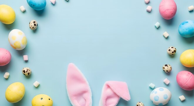 Easter sunday celebration with colorful eggs and bunny ears on light blue background