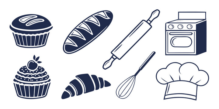 Assorted baked goods and baking tools illustrated in black and white Vector