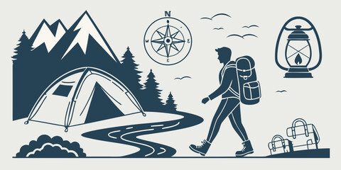 Hiker enjoying the great outdoors with a tent and mountain backdrop Vector © leptop