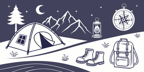 A serene winter campsite under a starry night sky with a cozy tent and campfire. Vector © leptop