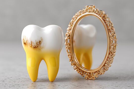 Sick yellow tooth with caries in front of the mirror. Dentistry. Dental treatment. Dental clinic. Image for business card design, advertising, banner