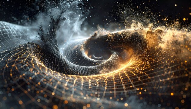 Dramatic spirals sculpted from dark metallic dust and fine particles, shaped as if influenced by invisible magnetic forces