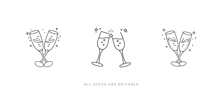 Clinking Champagne Glasses  line art icon Silhouette Vector &ndash; Celebration Toast Icon. Vector illustration