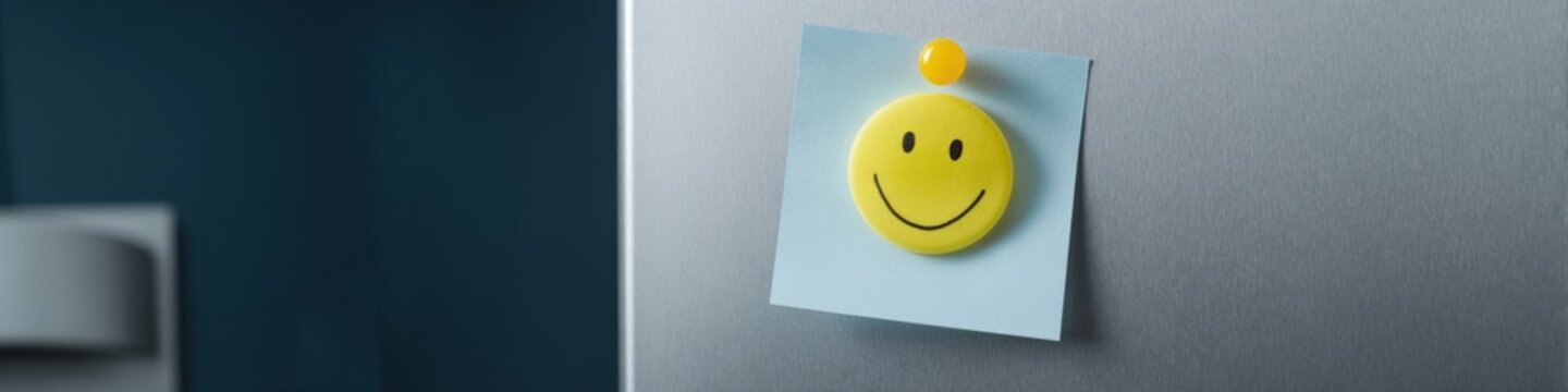 Yellow smiley face magnet on blue paper note attached to metal surface