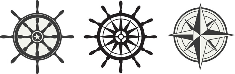 Obraz premium Ship Wheel SVG Set – Nautical Helm, Compass Rose, Marine Steering Wheel & Sailor Symbol Clipart