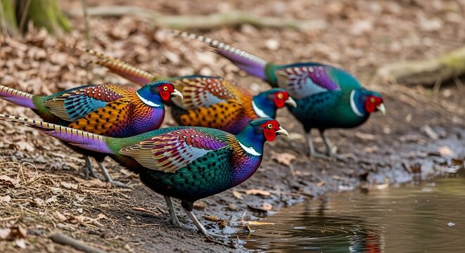 A group of colorful pheasants standing near a serene body of water