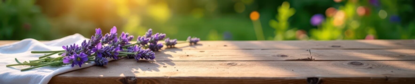 Rustic wooden table, lavender sprigs, linen tablecloth, sunlit scene, vintage, vibrant, texture