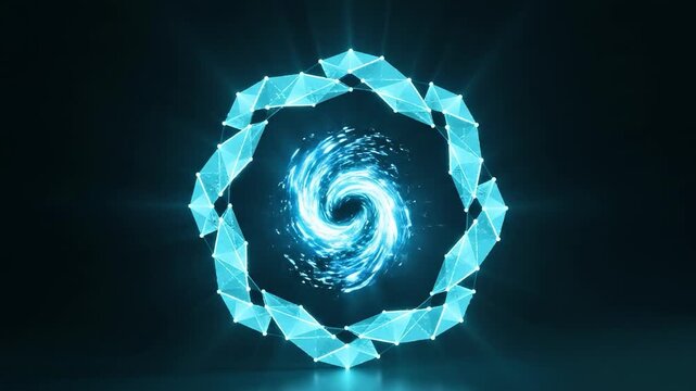 Dynamic view of a glowing blue vortex spiral surrounded by radiant fragments in dark space, captured as an abstract illustration