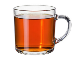 A close-up view of a glass mug filled with hot tea and a handle on the side