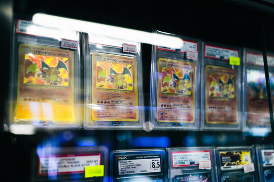 Bangkok, Thailand - FEBRUARY 7, 2026: Rare, expensive Pokemon trading cards were on a shelf in a card game shop.