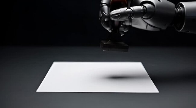 Robot hand stamps square on white paper, automatic approval concept