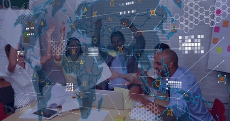 Celebrating team of five in business casual, clapping, raising hands at meeting table with laptops © vectorfusionart