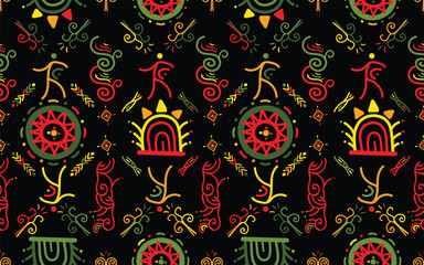 African tribal seamless pattern with ethnic figures and sun symbols on black background
