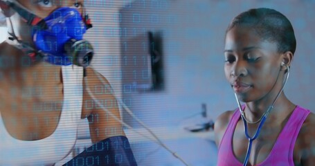 Listening doc pink-tank using stethoscope lab patient blue-respmask BP-cuff binarydata, copy space