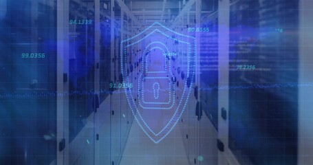 Projecting blue digital shield with padlock over server room aisle, showing racks and LEDs