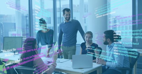 Reviewing team wearing business-casual attire showing code on PC in office with cyan-purple overlay © vectorfusionart