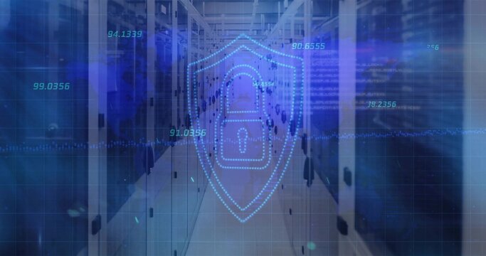 Projecting blue digital shield with padlock over server room aisle, showing racks and LEDs