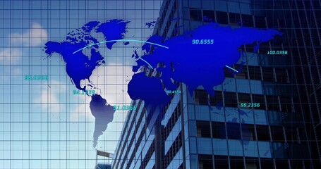 Displaying deep-blue world map across high-rise building glass, with cyan labels, curved arcs