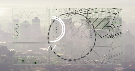 Displaying HUD overlay over hazy aerial cityscape, showing dotted circular gauge, wireframe maps