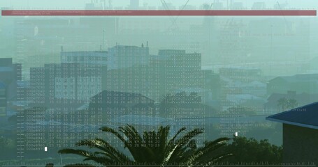 Naklejka premium Framing mid-rise building cluster with palm tree from balcony, showing hazy harbor HUD overlay