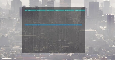 Naklejka premium Displaying semi-transparent terminal over hazy skyline from rooftop, showing cyan header