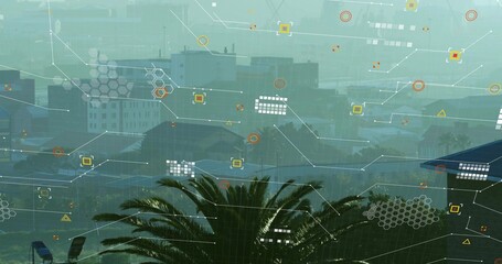 Naklejka premium Framing mature palm tree spreading fronds over foggy urban rooftops, showing HUD overlay and chairs