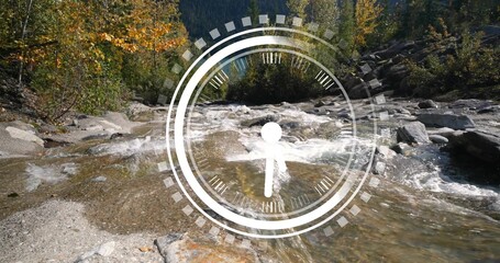 Fototapeta premium Flowing central alpine stream making whitewater over granite rocks in fall forest, with HUD overlay