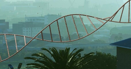 Naklejka premium Floating rope-like double-helix spanning city rooftop skyline, showing palm tree and lounge chairs