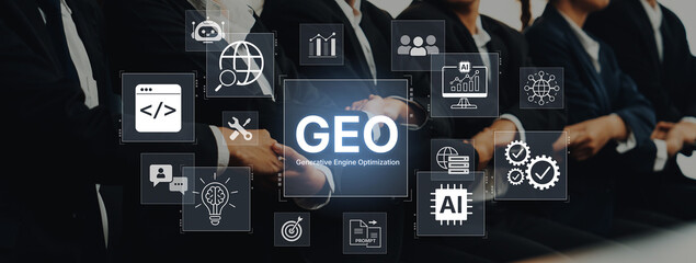 Digital marketing concept featuring GEO strategy, optimizing content for AI search engines and large language models. Evolution of SEO, brand authority, and AI citation visibility. Corpus © InfiniteFlow