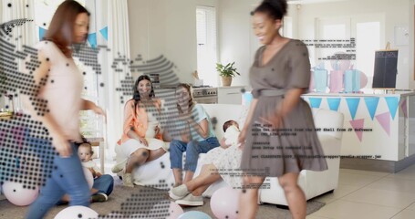 Celebrating 5 women 2 infants in sunny home in casual clothes with pastel balloons, map overlay