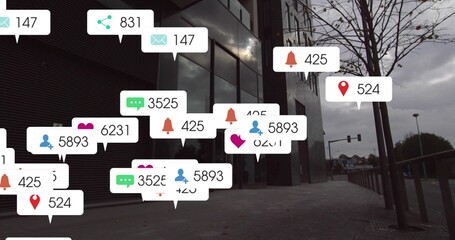 Floating alert bubbles covering office with glazed ribbed facade at plaza, showing icons and counts