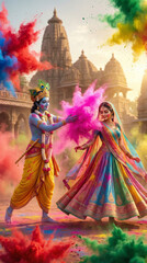 Fototapeta premium Holi | Krishna and Radha Celebrate holi 