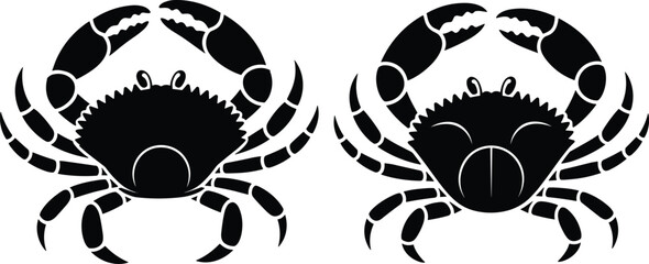 Black silhouette of two crabs with large claws facing each other, marine sea life crustacean vector for seafood and ocean themes. © Masud