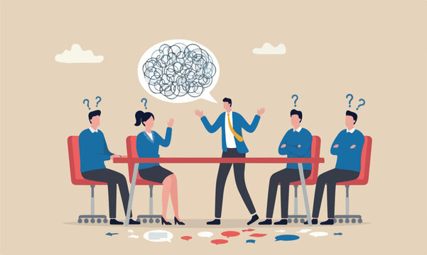 Ramble, confused meeting teams together target communication skill, confusion dialogue problem, unclear message concept, chaos businessman boss explain confused labyrinth maze speech bubble to team me