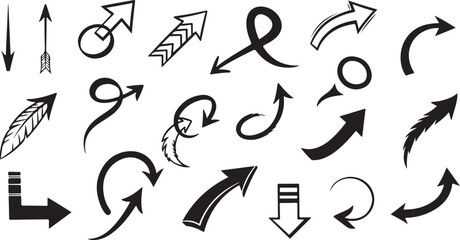 A collection of various black arrows and pointers on a white background for design and directional purposes
