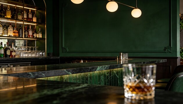 Elegant bar interior with whiskey glass, illuminated shelves, and plush green seating, upscale ambiance.